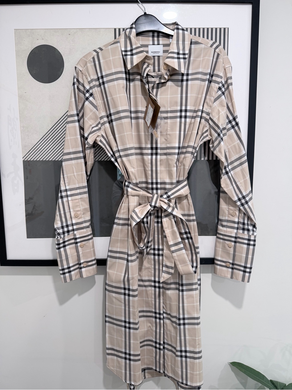 New Women Burberry Soft Ivory Light Taupe Ip Check Belted Shirt Dress
